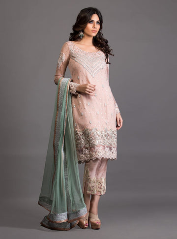 Zainab Chottani | Semi Formals | SALMON PINK AND PISTACHIO GREEN EMBELLISHED OUTFIT