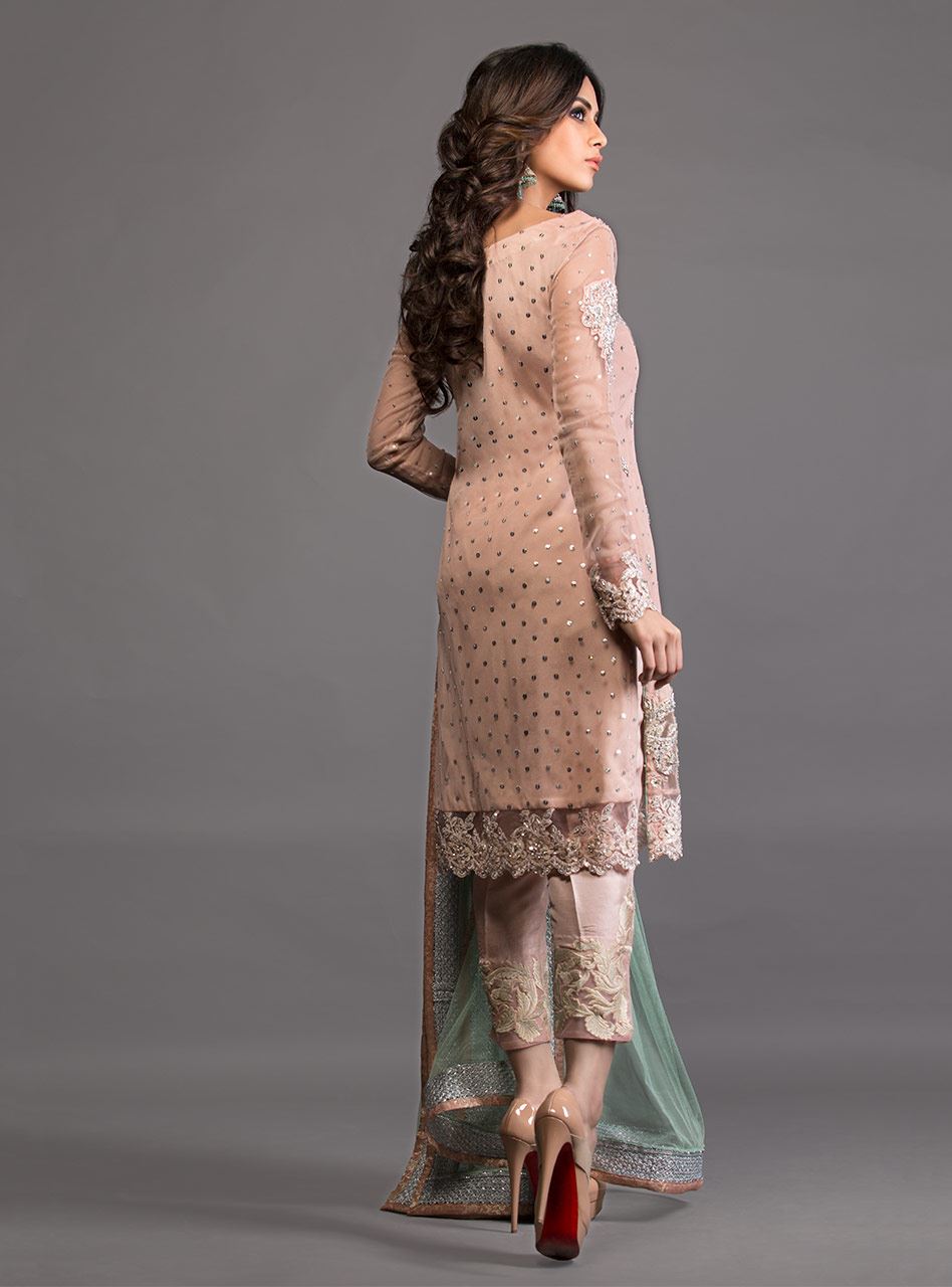 Zainab Chottani | Semi Formals | SALMON PINK AND PISTACHIO GREEN EMBELLISHED OUTFIT