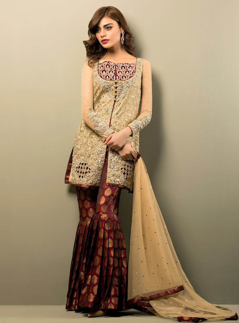 Zainab Chottani | Semi Formals | BEIGE GOLD AND MAROON