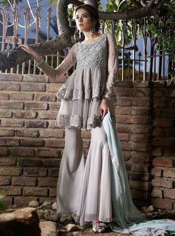 Zainab Chottani | Semi Formals | ASH WHITE AND ICE BLUE