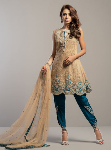 Zainab Chottani | Semi Formals | BEIGE GOLD WITH TEAL DRESS