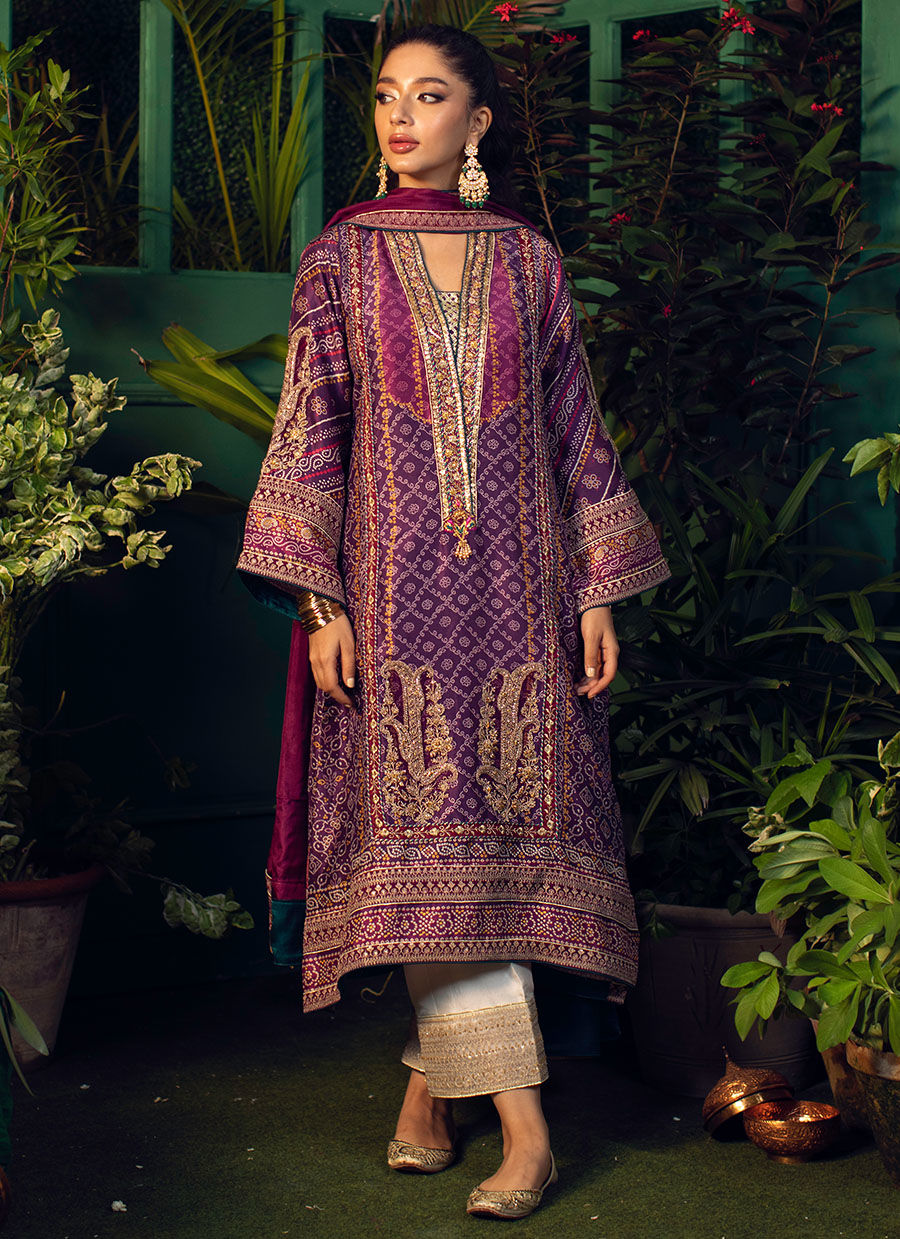 Farah Talib Aziz | Designer Picks 24 | SETAREH PURPLE CHUNRI KURTA WITH PURE SILK OMBRE DUPATTA