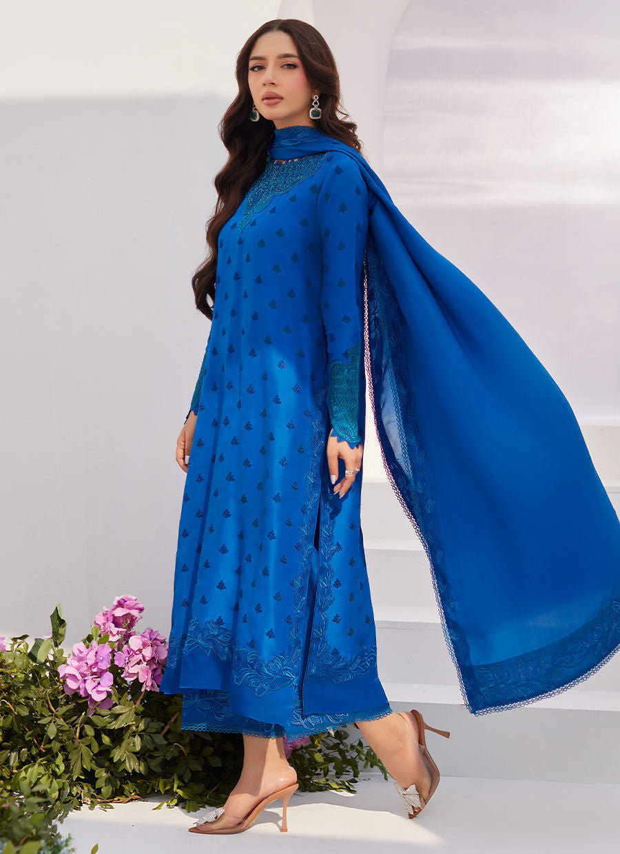 Farah Talib Aziz | Designer Picks 24 | CHARR BLUE EMBROIDERED RAW SILK SHIRT AND DUPATTA