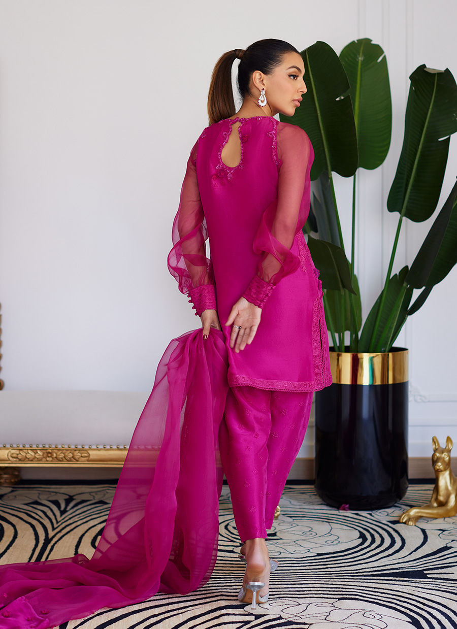 Farah Talib Aziz | Designer Picks 24 | ELIO HOT PINK RAW SILK SHIRT WITH DUPATTA