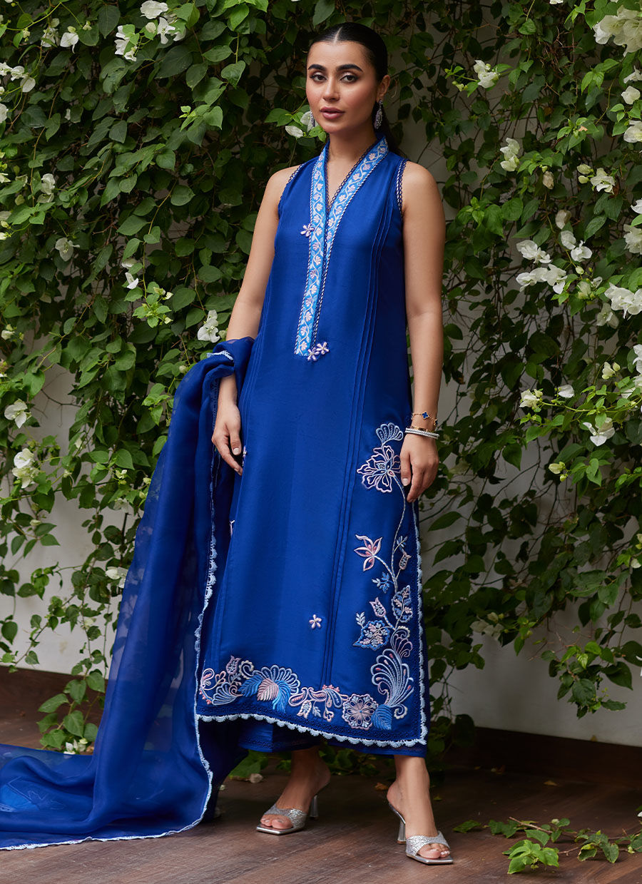 Farah Talib Aziz | Designer Picks 24 | INGA INK BLUE EMBROIDERED RAW SILK SHIRT AND DUPATTA