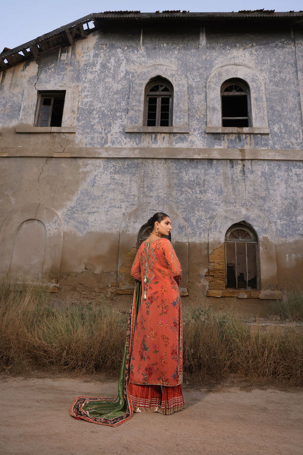 Wahaj M Khan | Banno Wedding Formals |Peachy Rust Printed Set