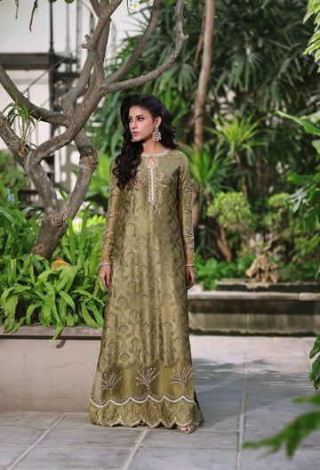 Wahaj M Khan | Nur Festive | Muted Antique Olive Kaftan Set