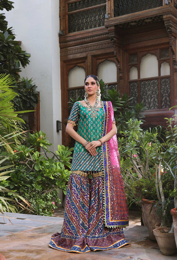 Wahaj M Khan | Nur Festive | Green Blue Gharara Nur Block Set