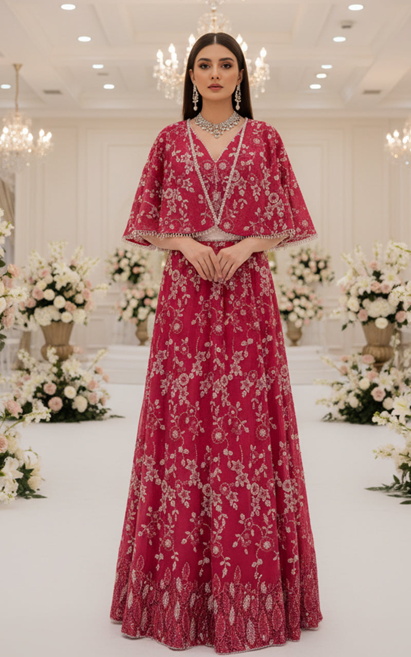 Threads and Motifs | Formal Dresses 25 | Net Embroidered Blouse With Cape And Lehenga