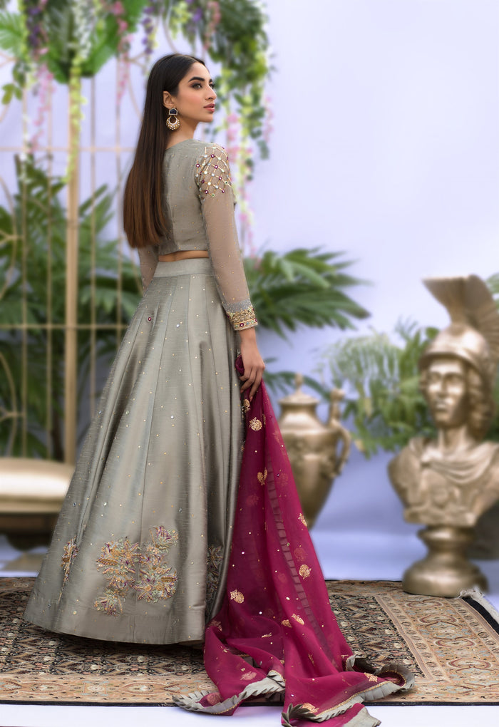 Wahaj M.Khan | Nureh Wedding Formals | Grey and Magenta Lenga Choli