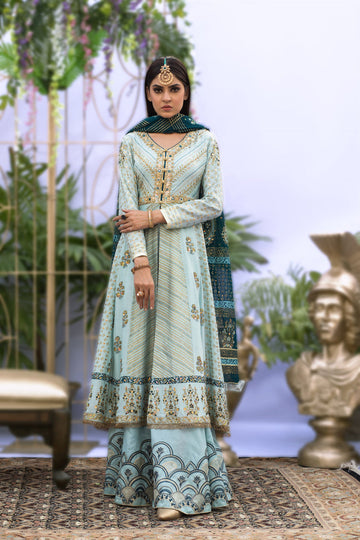 Wahaj M.Khan | Nureh Wedding Formals | Ferozi and Teal BlockPrint Angarkha