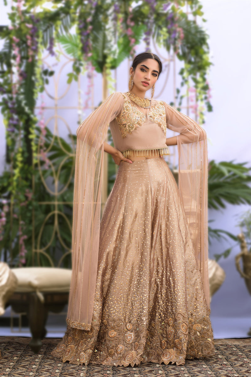 Wahaj M.Khan | Nureh Wedding Formals | Rose Gold Lenga and Choli