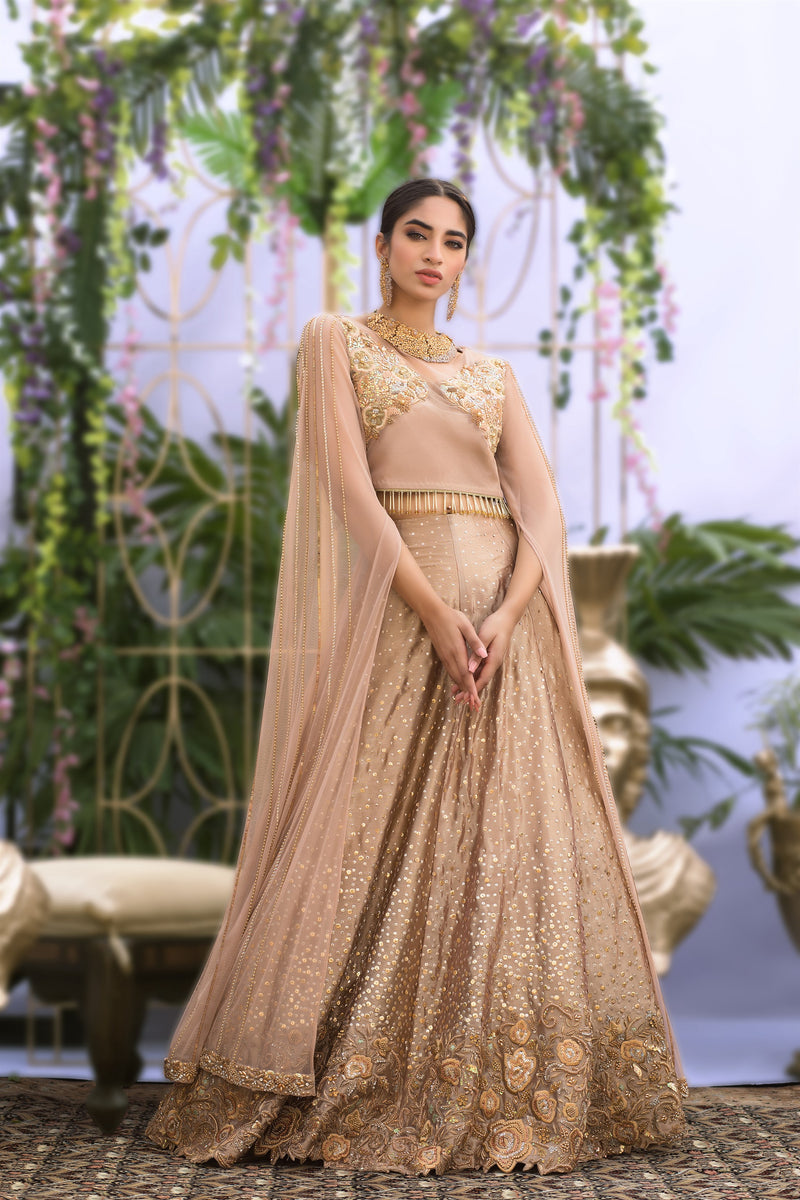 Wahaj M.Khan | Nureh Wedding Formals | Rose Gold Lenga and Choli