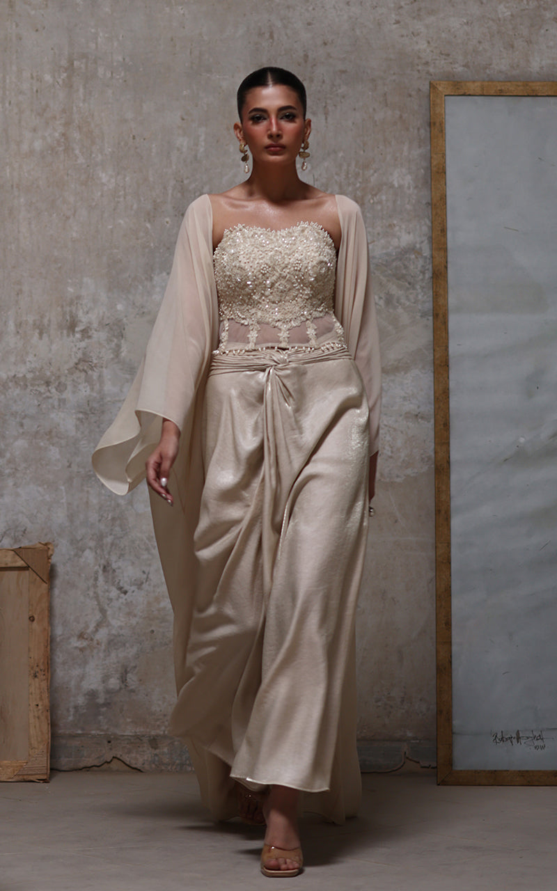 Threads and Motifs | Formal Dresses 25 | Net Embroidered Blouse With Chiffon Cape And Skirt