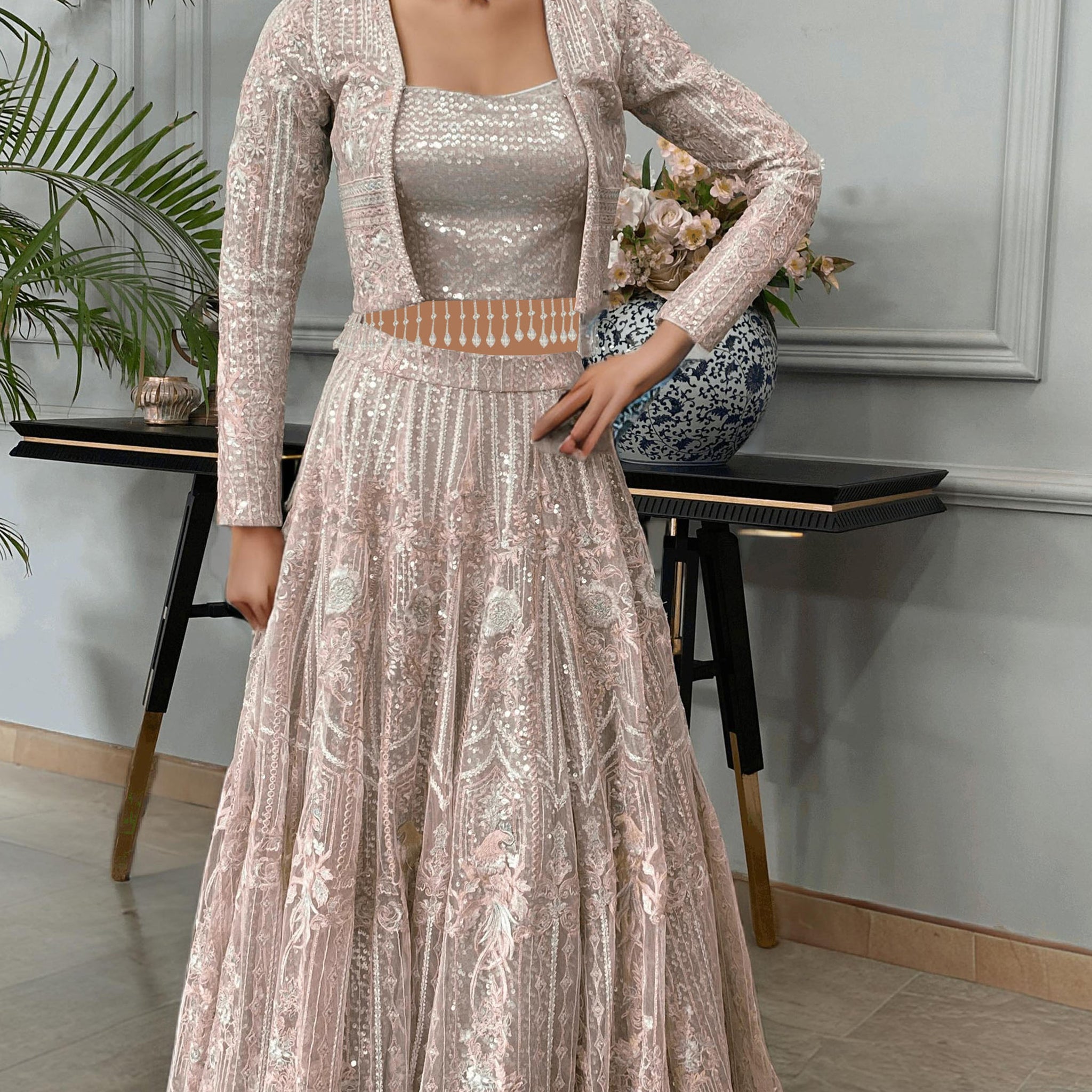 Threads and Motifs | Formal Dresses 25 | Net Embroidered Jacket With Lehenga