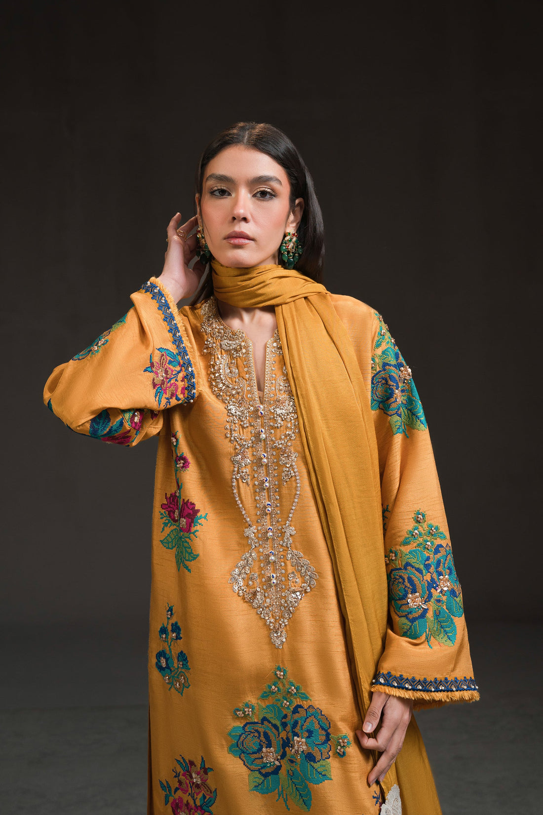 Ammara Khan | Glitz Luxury Pret 24 | MUSTARD YELLOW LONG KURTA SET (D-17)