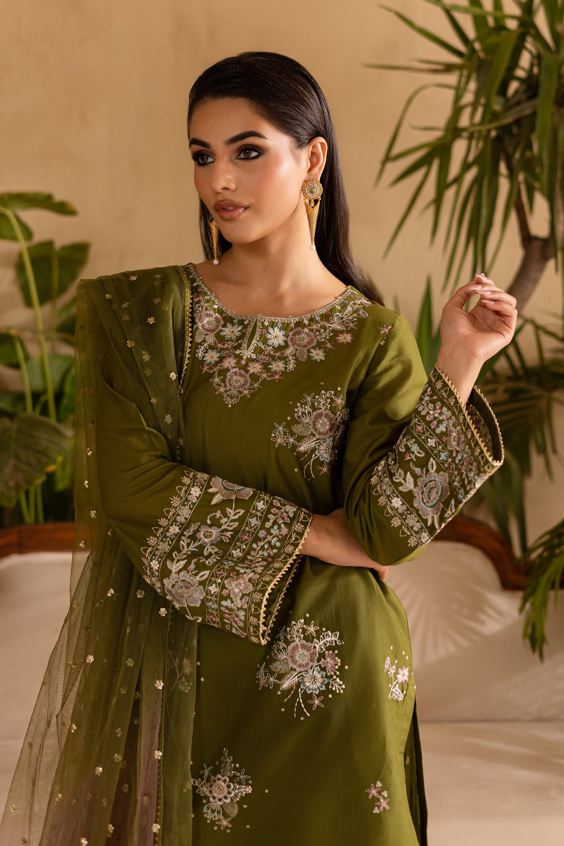 Batik | Nyra Embroidered Summer Solids | Farshi Green