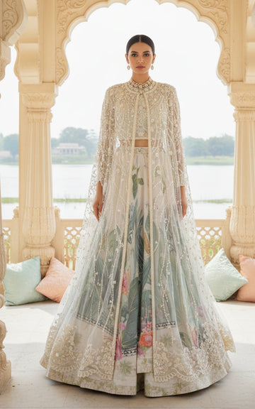 Threads and Motifs | Formal Outfits | Blouse With Jacket And Printed Lehenga