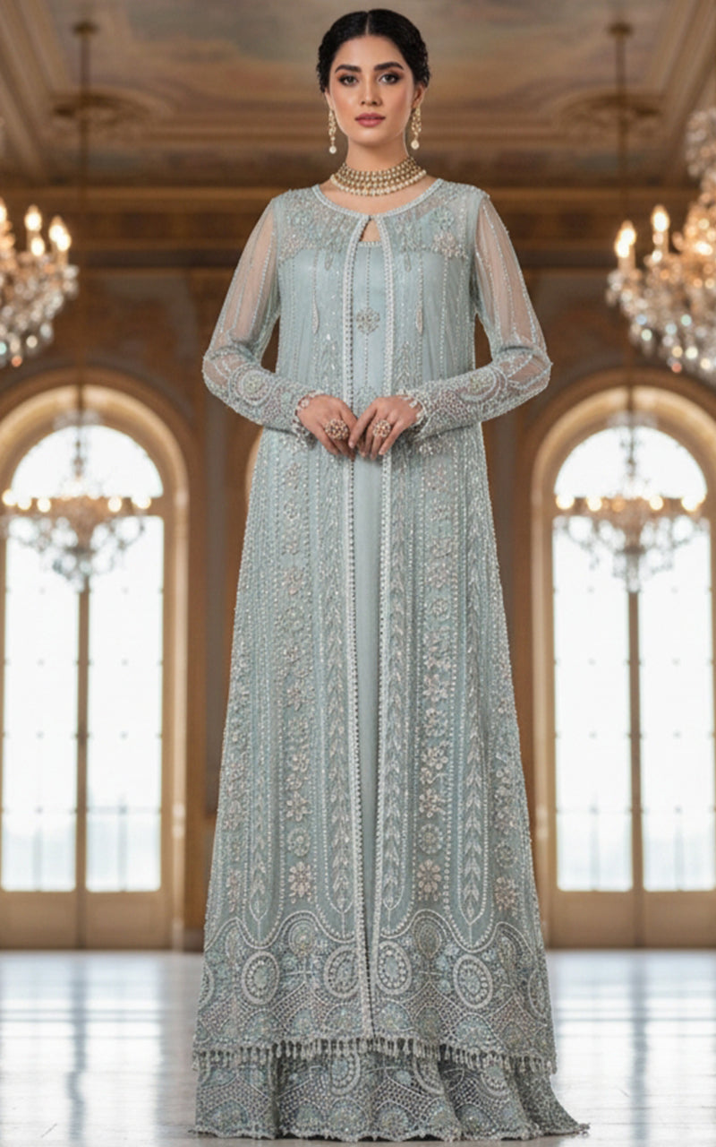 Threads and Motifs | Formal Dresses 25 | Net Embroidered Jacket With Blouse And Lehenga