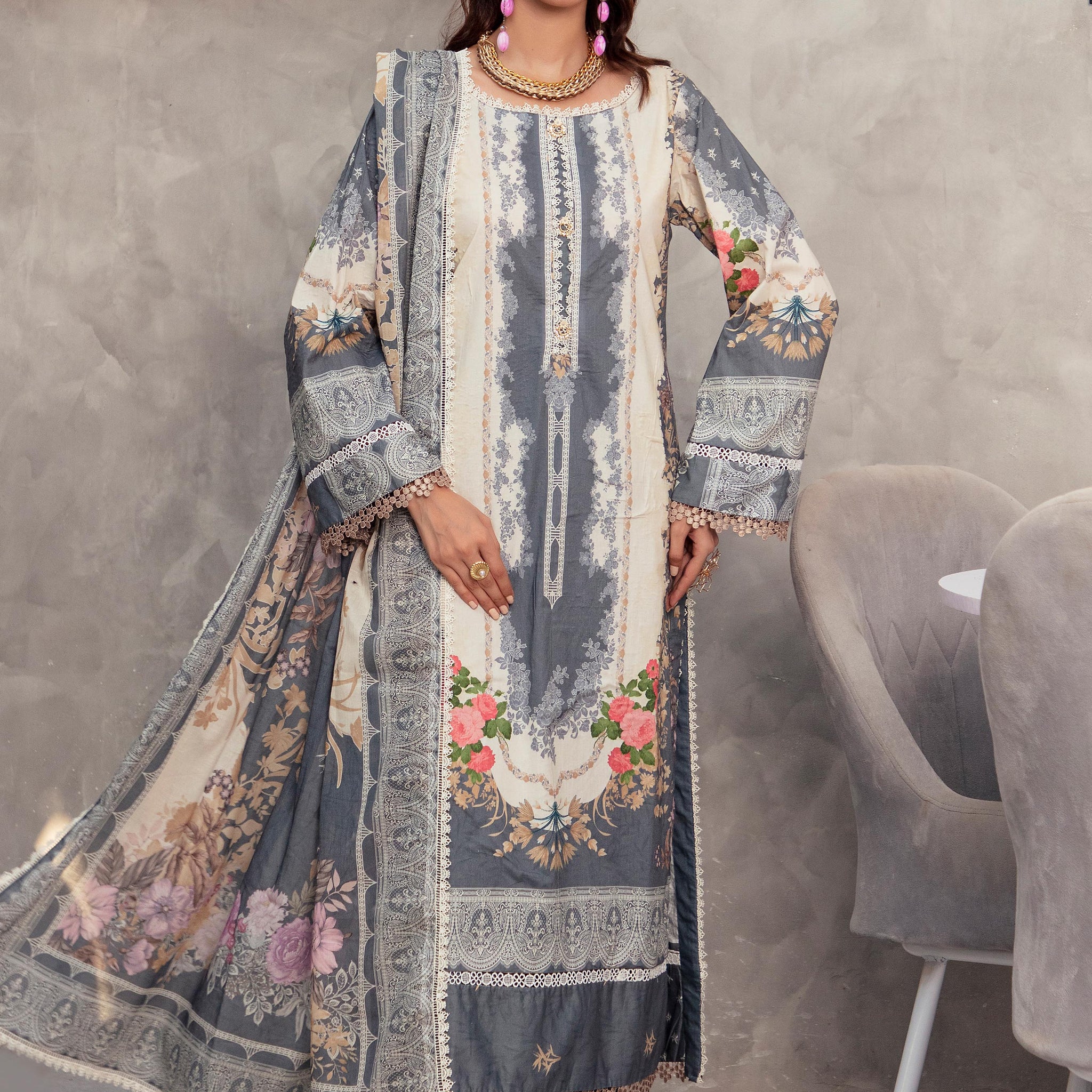 Alzohaib | Digital Printed Cambric | Colors Digital Cambric 3 Piece-CDC-2-25-08