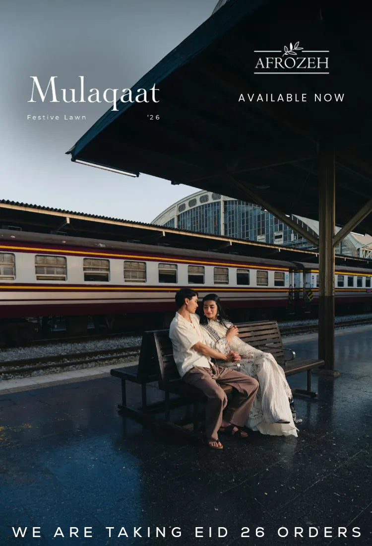 Two people sitting on a bench at a train station with 'Afrozeh' branding and text about 'Mulaqat'.
