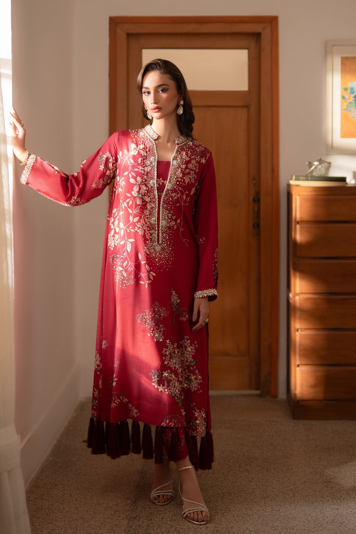 Ammara Khan | Ronaq Luxury Formals | Deep Berry Tassle Kaftan (D-03)