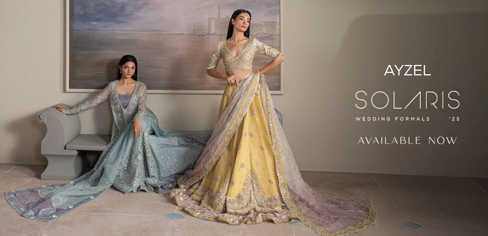 Two women in traditional outfits with 'Ayzel Solaris' branding in the background.