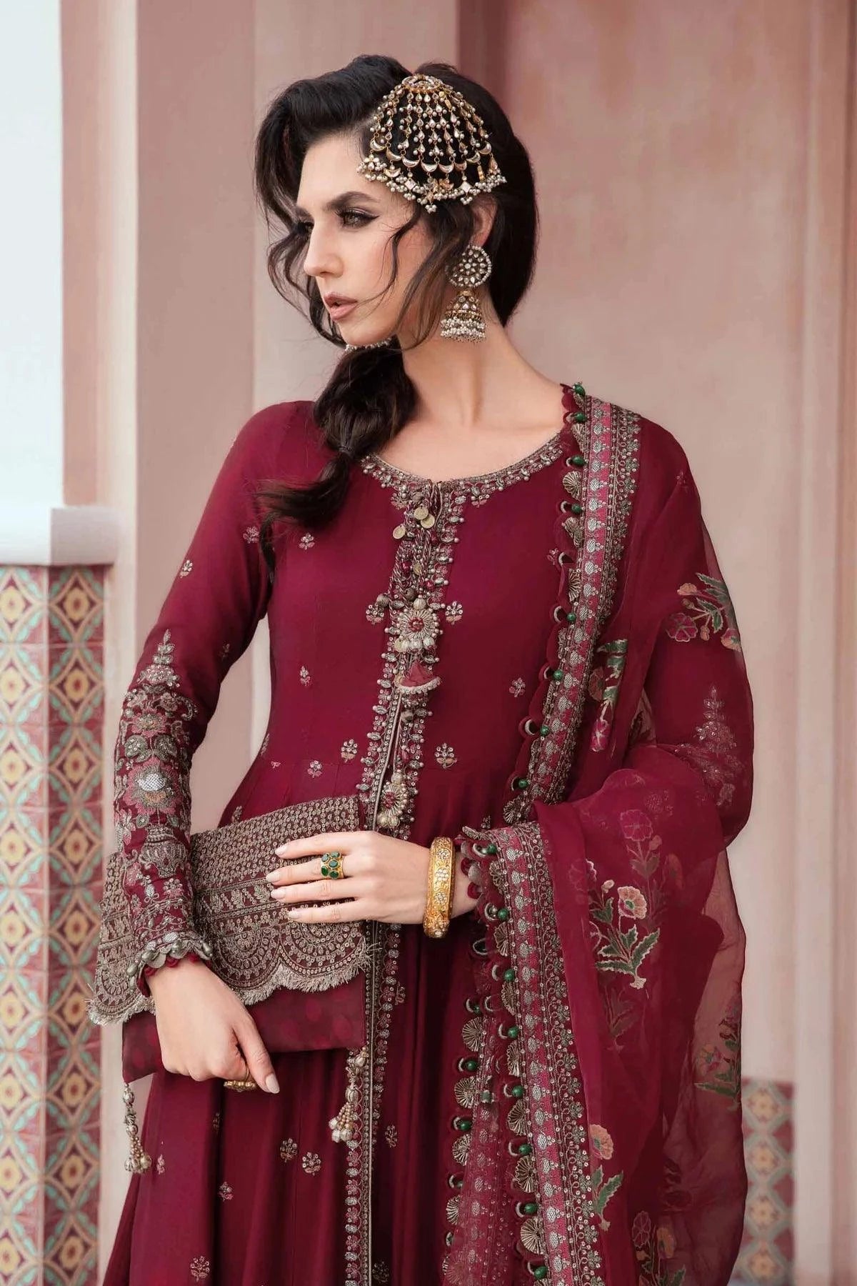 Maria B | Sateen Formals 23 |  Maroon CST-708 - Khanumjan  Pakistani Clothes and Designer Dresses in UK, USA 