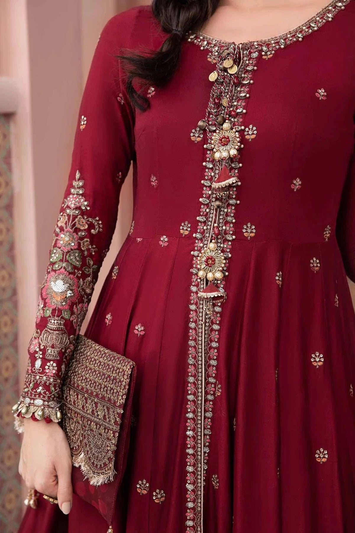 Maria B | Sateen Formals 23 |  Maroon CST-708 - Khanumjan  Pakistani Clothes and Designer Dresses in UK, USA 