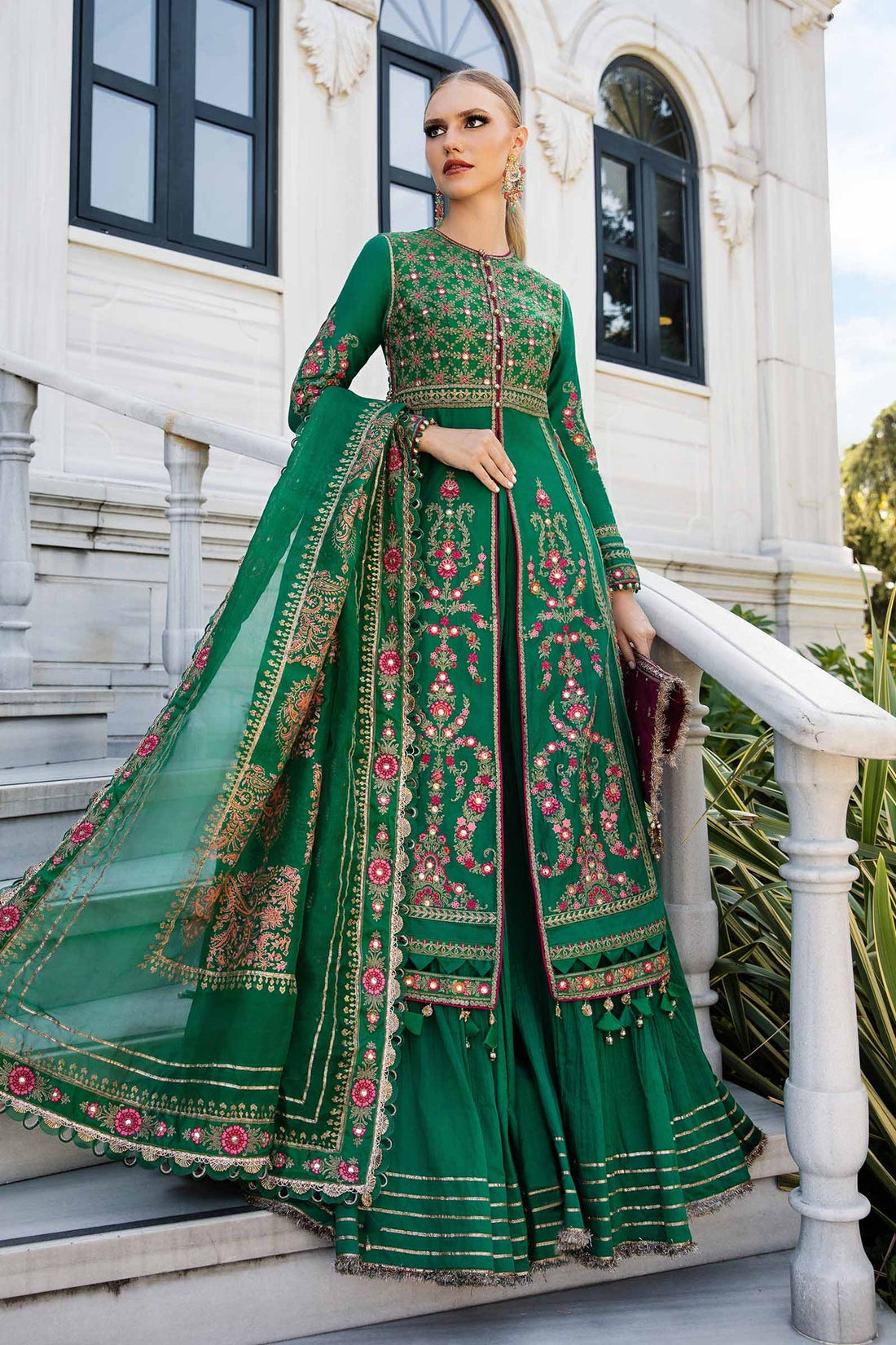 maria b dark green dress SF-EA25-04 Maria b Luxury Formal Green Embroidered Raw Silk Formal Dress