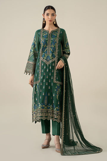 Maria B | Pre Fall Dresses | 3 Piece Embroidered Jacquard Suit Dark Teal Green