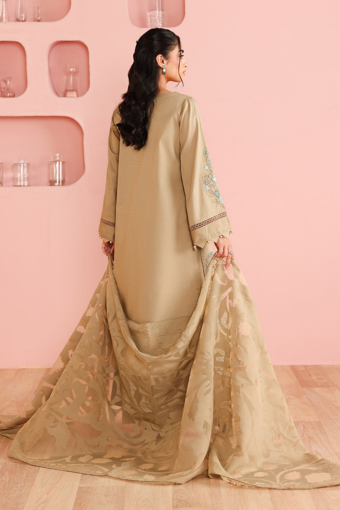 Maria B | Pre Fall Dresses | 3 Piece Embroidered Dobby Suit Coffee