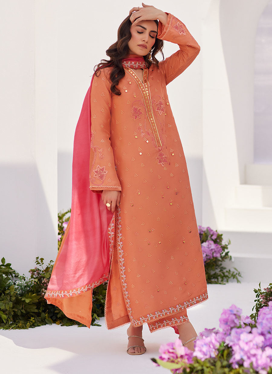 Farah Talib Aziz | Zaza Luxe Pret 24 | ELYNA CORAL EMBROIDERED RAW SILK SHIRT AND DUPATTA - Khanumjan  Pakistani Clothes and Designer Dresses in UK, USA 