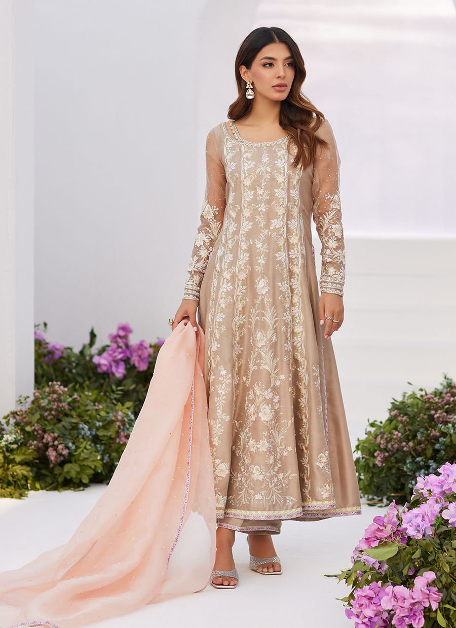 Farah Talib Aziz | Zaza Luxe Pret 24 | CHARLENE SAND EMBROIDERED KALIDAAR WITH DUPATTA - Khanumjan  Pakistani Clothes and Designer Dresses in UK, USA 