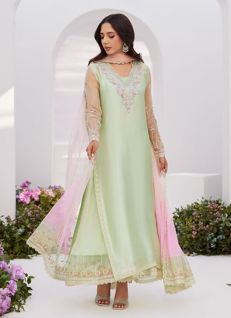 Farah Talib Aziz | Zaza Luxe Pret 24 | COLLETTE MINT OMBRE EMBELLISHED COLUMN SHIRT WITH KALIDAAR WITH EMBROIDERED SLIP - Khanumjan  Pakistani Clothes and Designer Dresses in UK, USA 