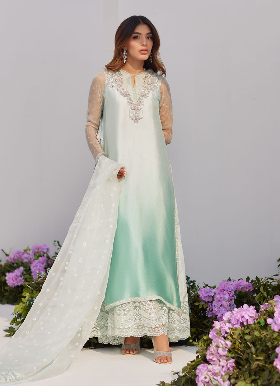 Farah Talib Aziz | Zaza Luxe Pret 24 | SOLENE AQUA OMBRE EMBELLISHED COLUMN SHIRT WITH EMBROIDERED KALIDAAR SLIP - Khanumjan  Pakistani Clothes and Designer Dresses in UK, USA 