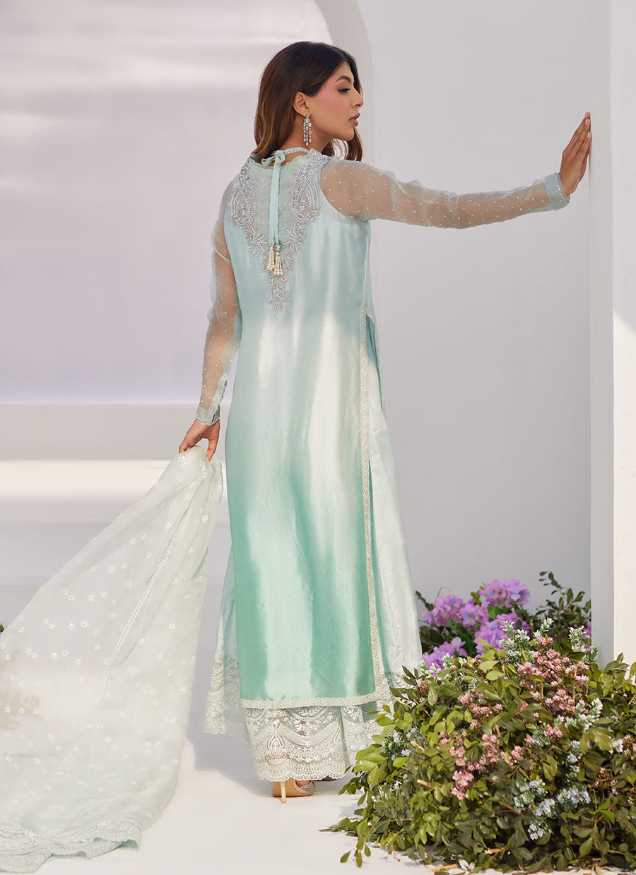 Farah Talib Aziz | Zaza Luxe Pret 24 | SOLENE AQUA OMBRE EMBELLISHED COLUMN SHIRT WITH EMBROIDERED KALIDAAR SLIP - Khanumjan  Pakistani Clothes and Designer Dresses in UK, USA 