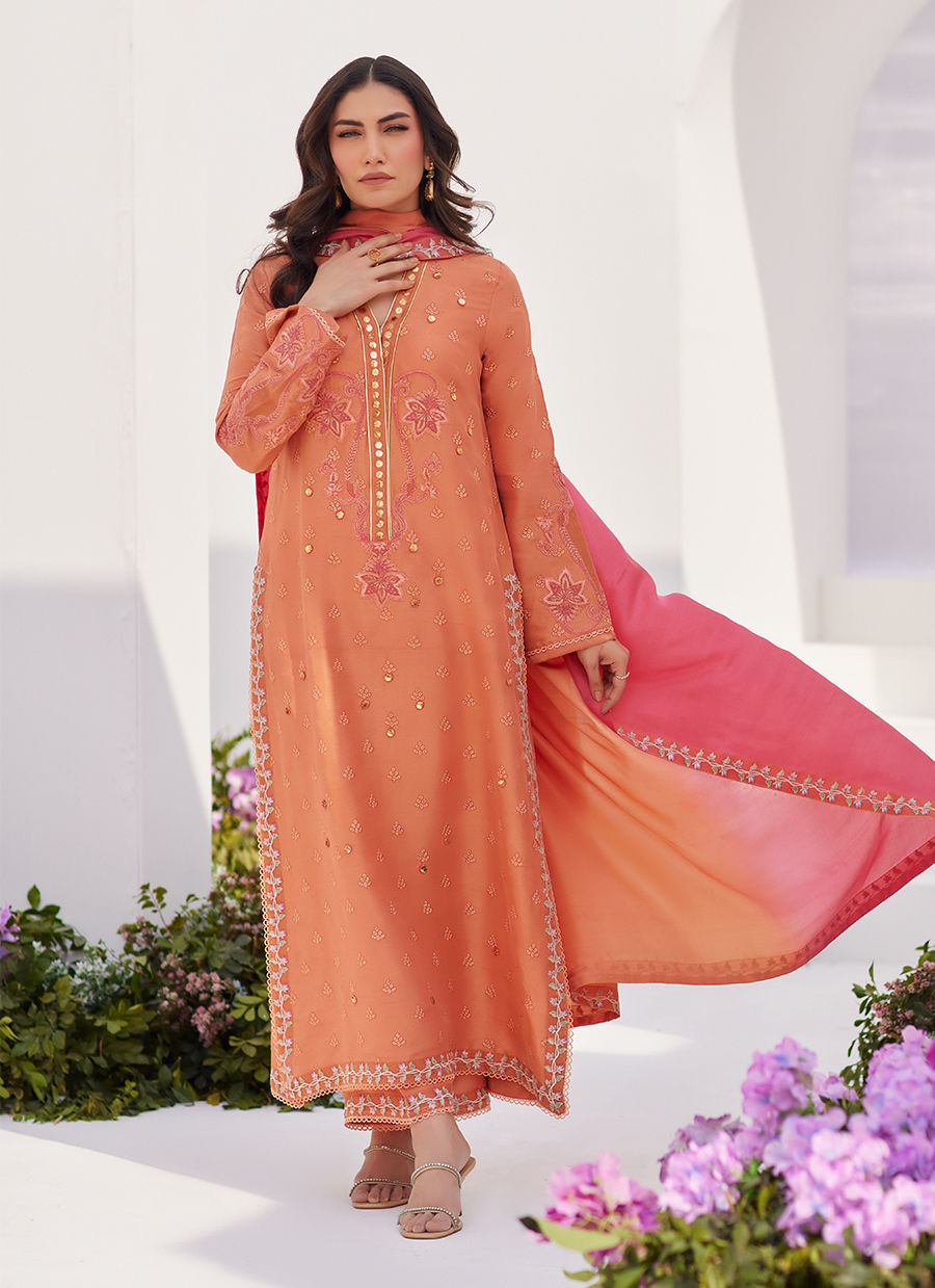 Farah Talib Aziz | Zaza Luxe Pret 24 | ELYNA CORAL EMBROIDERED RAW SILK SHIRT AND DUPATTA - Khanumjan  Pakistani Clothes and Designer Dresses in UK, USA 