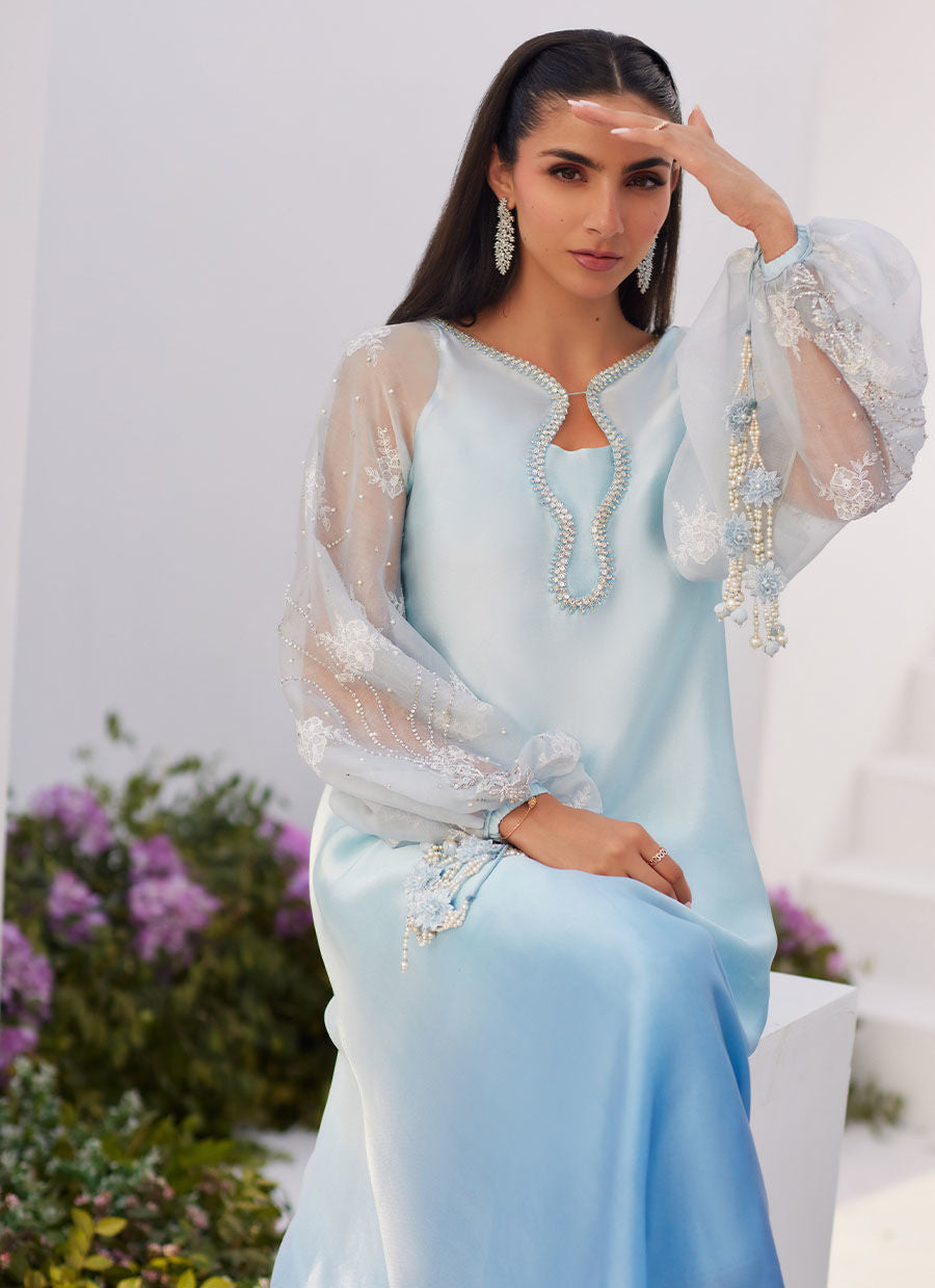 Farah Talib Aziz | Zaza Luxe Pret 24 |  BOW OMBRE BLUE EMBELLISHED KAFTAN CUT SHIRT - Khanumjan  Pakistani Clothes and Designer Dresses in UK, USA 