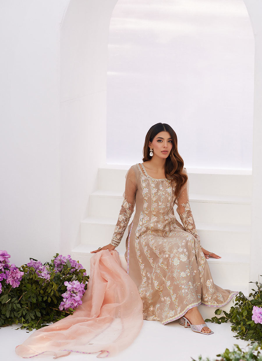 Farah Talib Aziz | Zaza Luxe Pret 24 | CHARLENE SAND EMBROIDERED KALIDAAR WITH DUPATTA - Khanumjan  Pakistani Clothes and Designer Dresses in UK, USA 