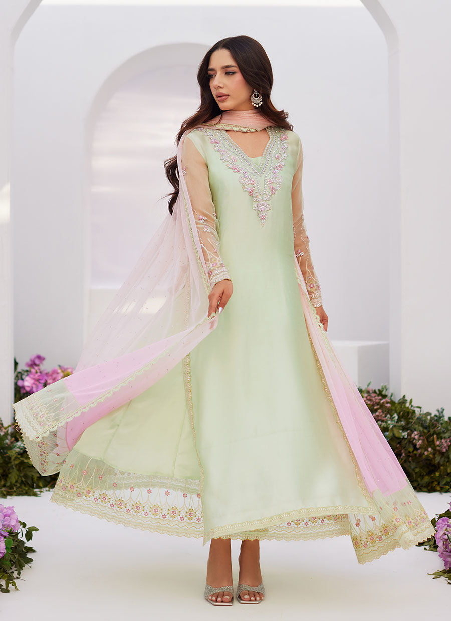 Farah Talib Aziz | Zaza Luxe Pret 24 | COLLETTE MINT OMBRE EMBELLISHED COLUMN SHIRT WITH KALIDAAR WITH EMBROIDERED SLIP - Khanumjan  Pakistani Clothes and Designer Dresses in UK, USA 