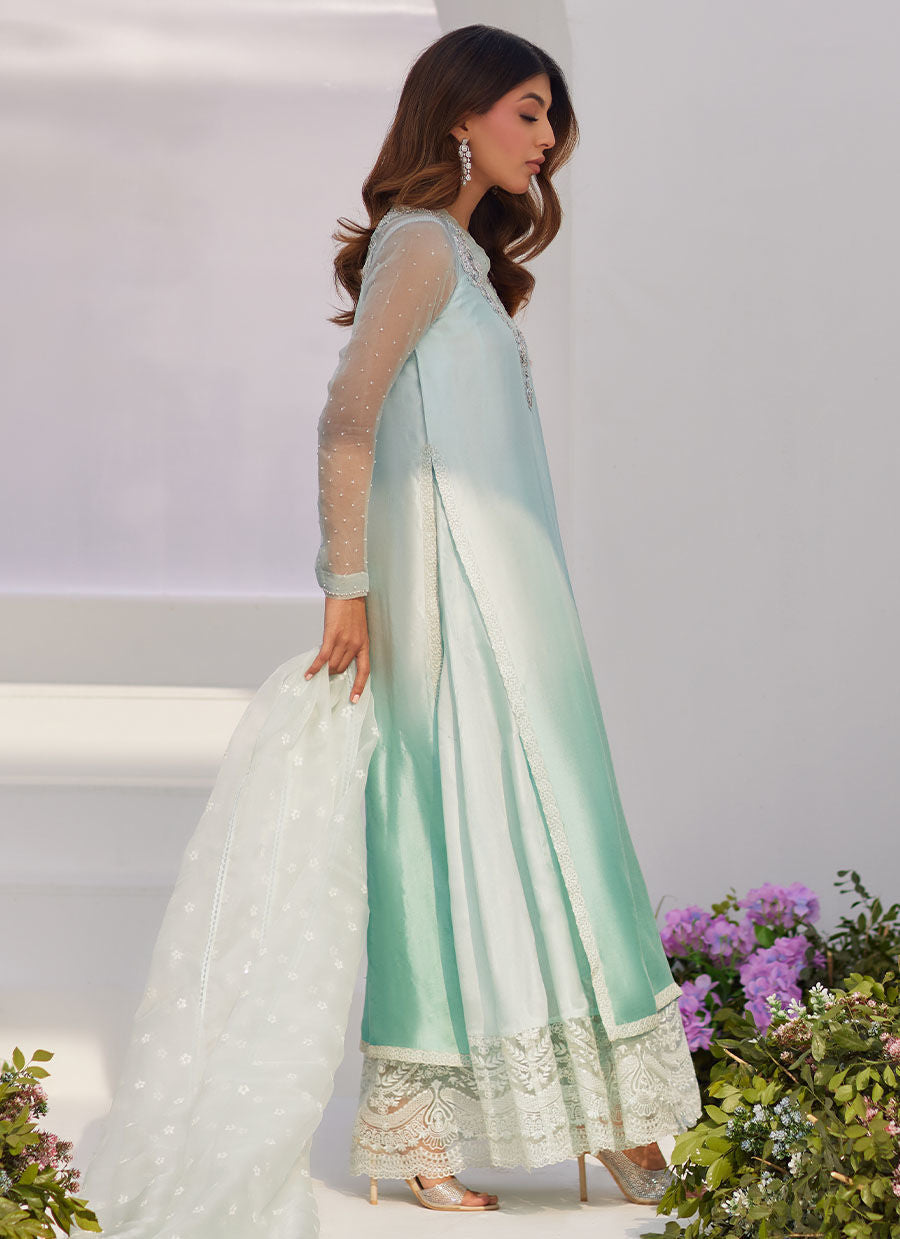 Farah Talib Aziz | Zaza Luxe Pret 24 | SOLENE AQUA OMBRE EMBELLISHED COLUMN SHIRT WITH EMBROIDERED KALIDAAR SLIP - Khanumjan  Pakistani Clothes and Designer Dresses in UK, USA 