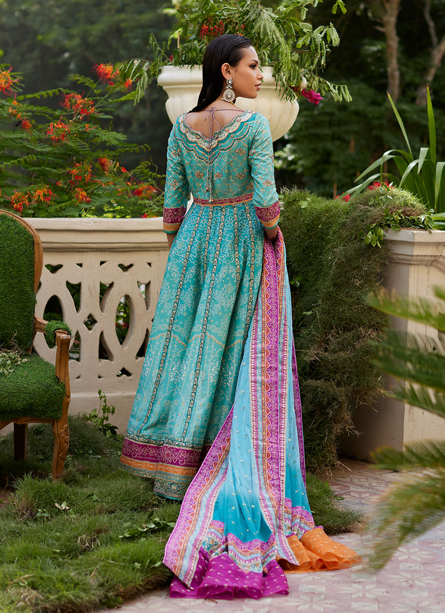 Farah Talib Aziz | Mayna Festive Prints 24 | Zaiba Turquoise Kalidaar