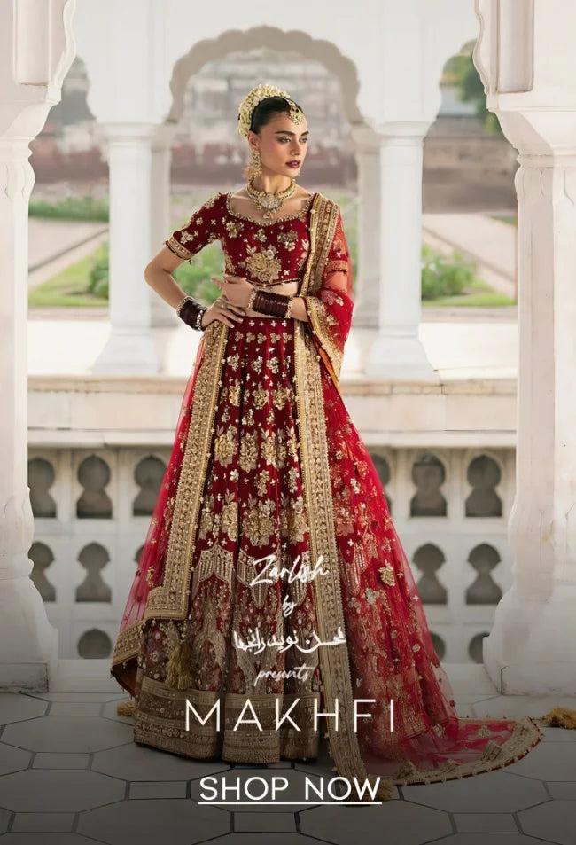 Woman in a red and gold traditional outfit with 'Makhfi' branding.