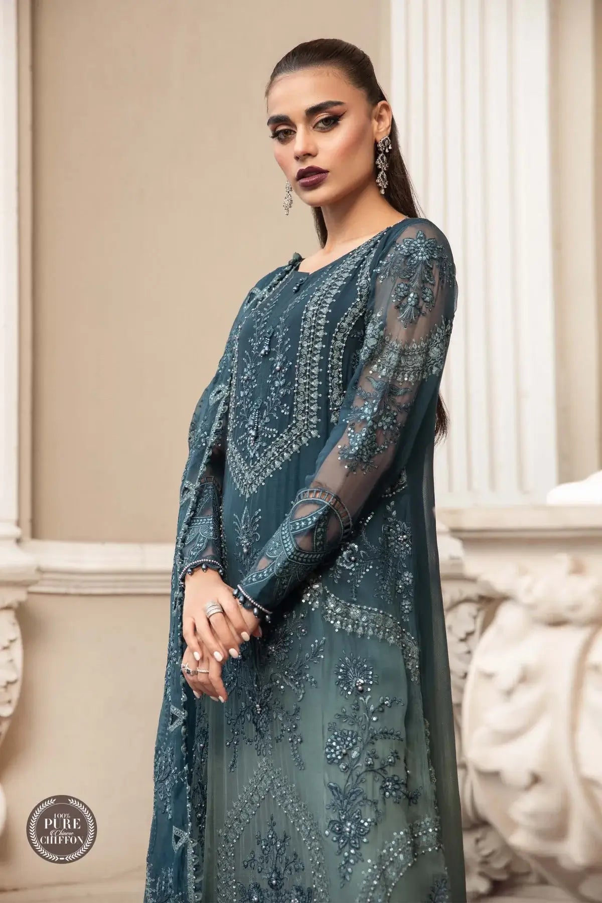 Maria B | Luxury Chiffon Collection | Teal Blue - Khanumjan  Pakistani Clothes and Designer Dresses in UK, USA 