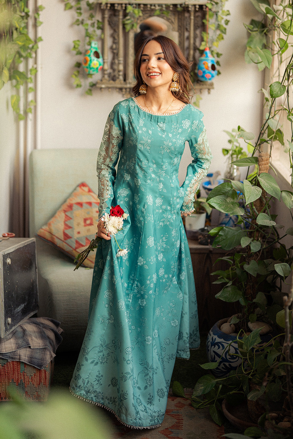 slim fit dress slacks Bottle Green Pakistani Dress with Embroidery Online 2022 – Nameera by Farooq main image 1
