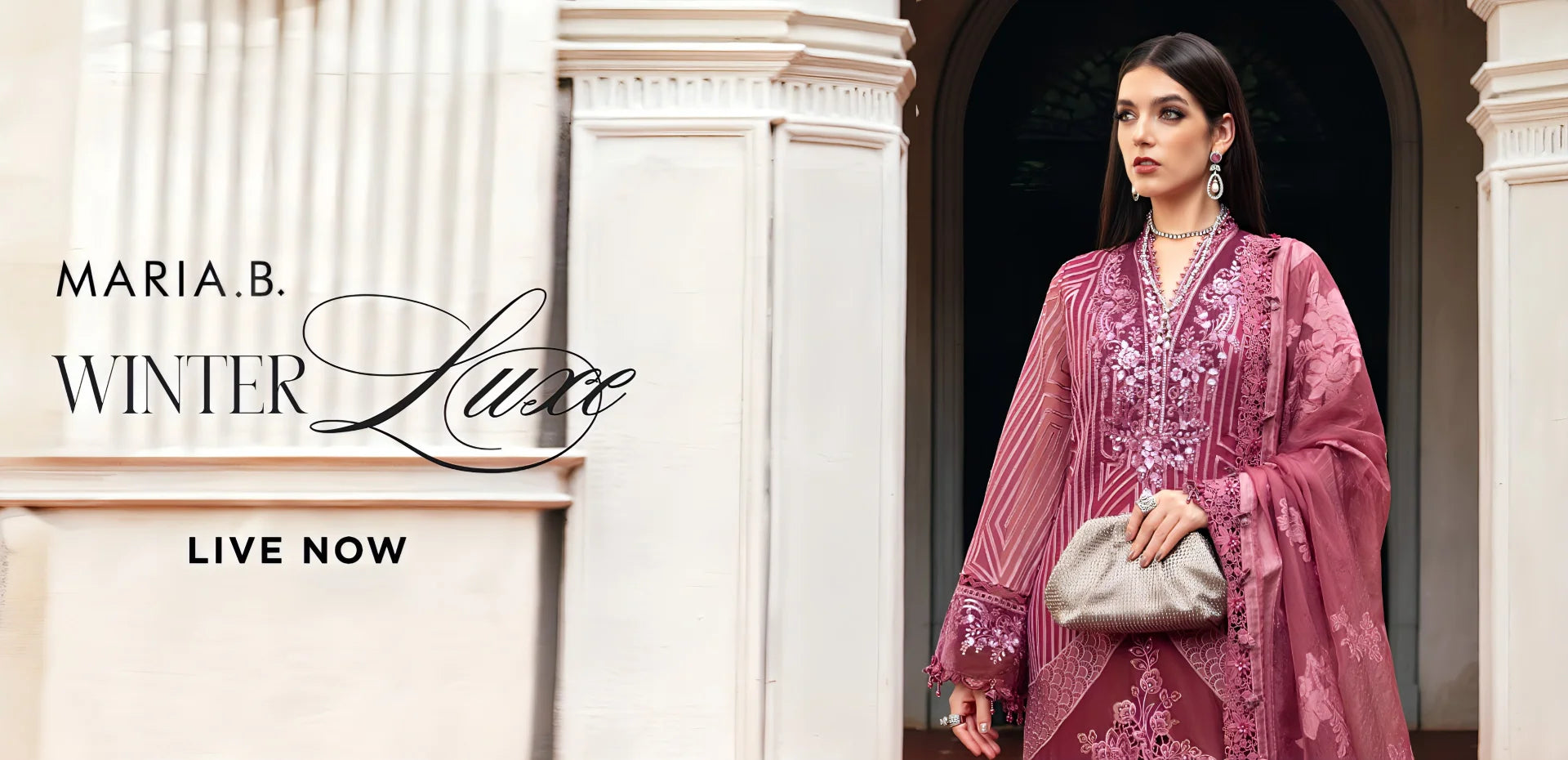 Woman in a pink embroidered outfit with 'Maria B. Winter Luxe' text and 'Live Now' callout.