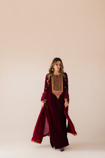 Sammy K | Velvet Festive Edit | Maroon Maxi velvet Outfit