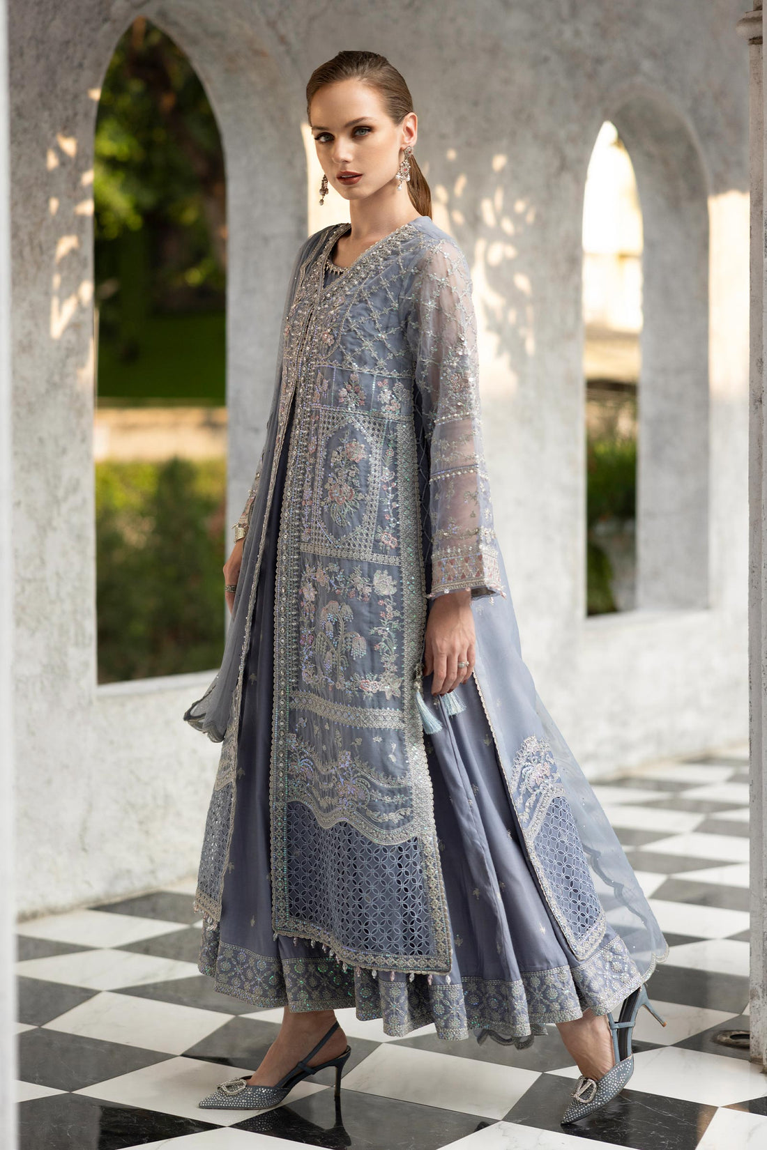 maria b grey dress embroidery winter dress luxury Maria B Unstitched 3 Piece Embroidered Linen Suit MB23LN D4-Grey
