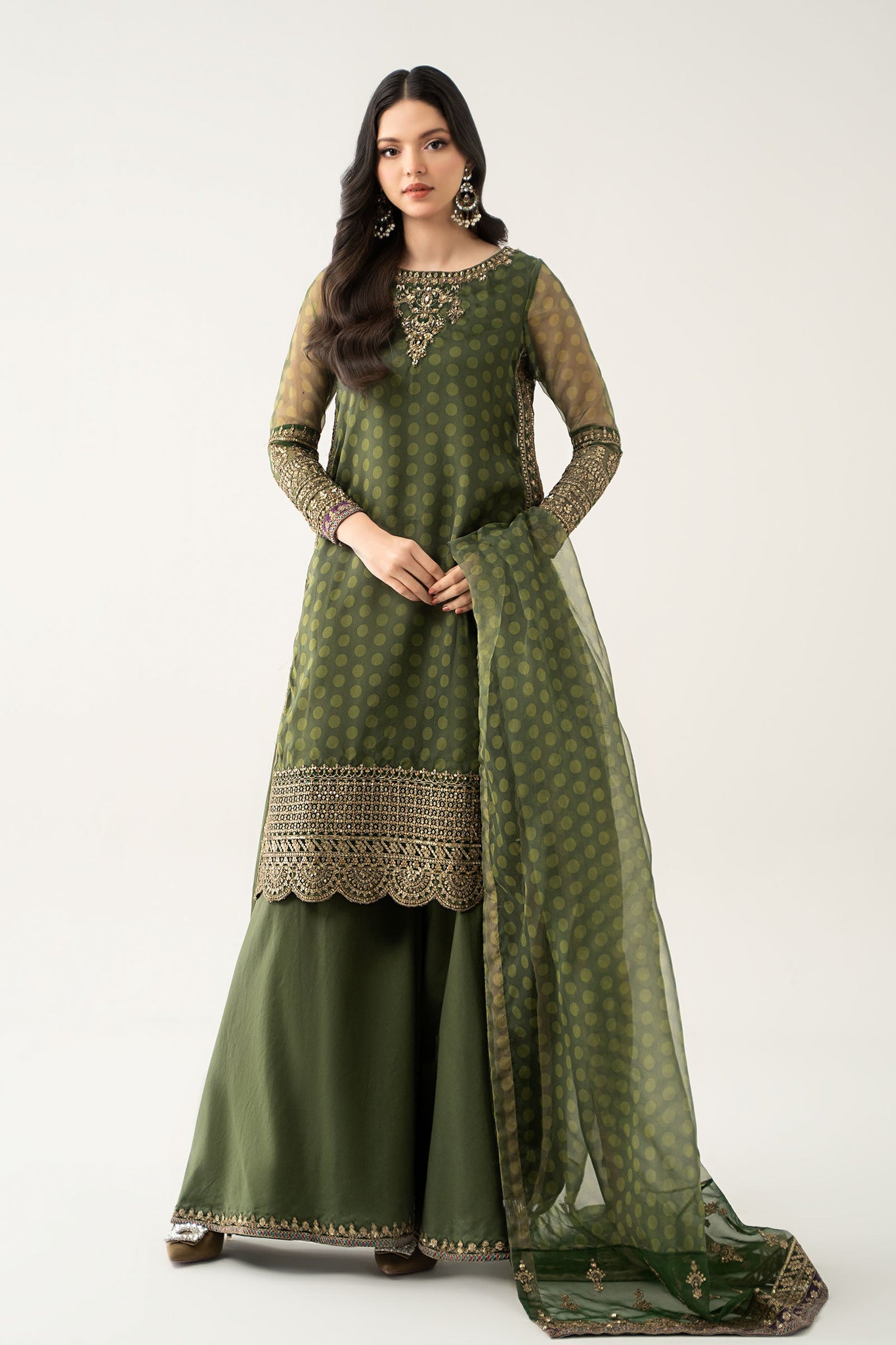 Maria B | Pre Fall Dresses | 3 Piece Embroidered Suit Deep Olive Green